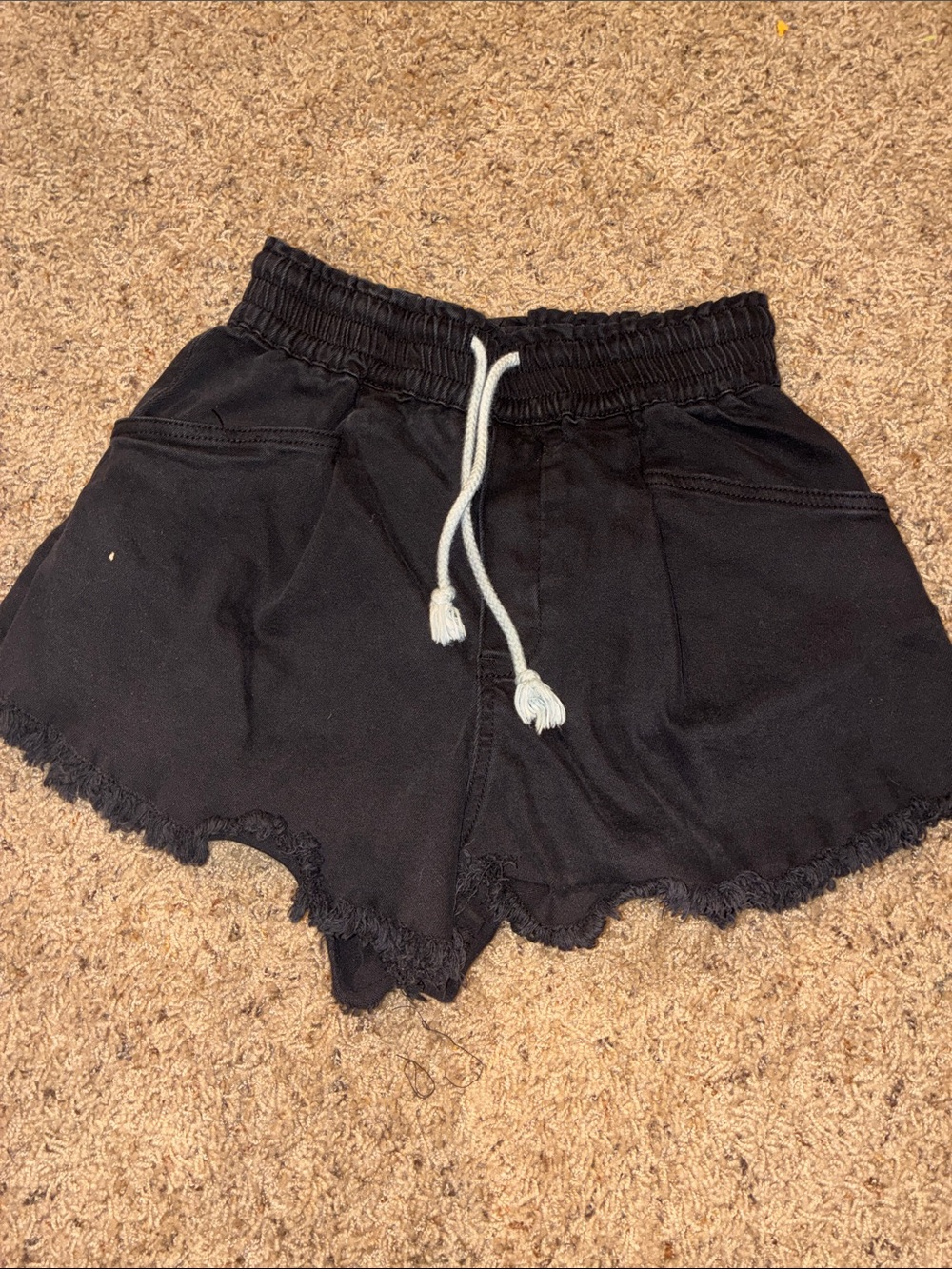 Women's Black Drawstring Denim-Look Frayed Hem Shorts